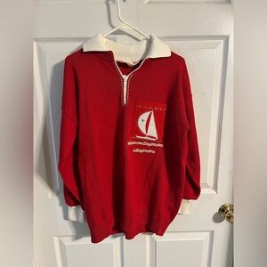 Women's Red Zip-Up Sweater with Sailboat Design